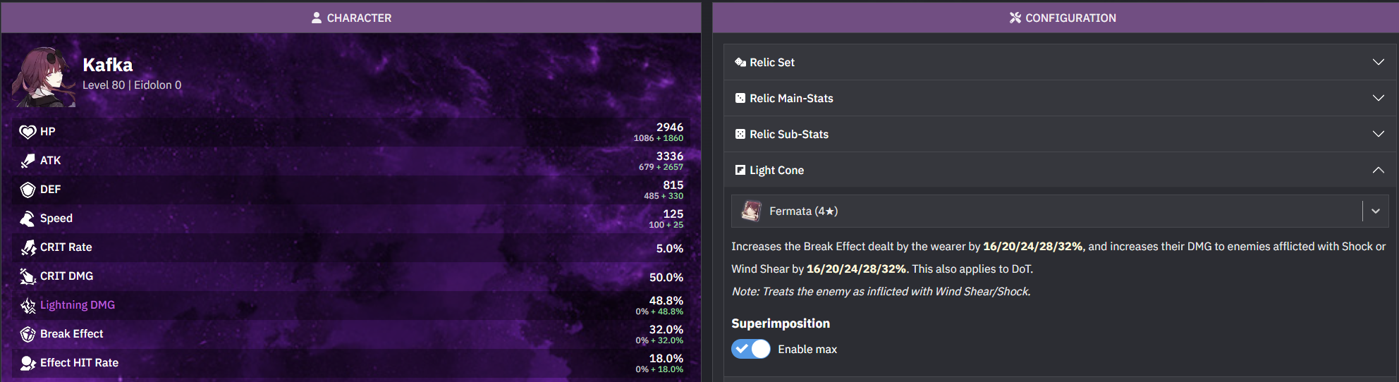 An image from Honkai Star Rail showing a level 80 Kafka and all of her stats as part of a guide to the best builds for her. This one specifically focuses on her light cones.