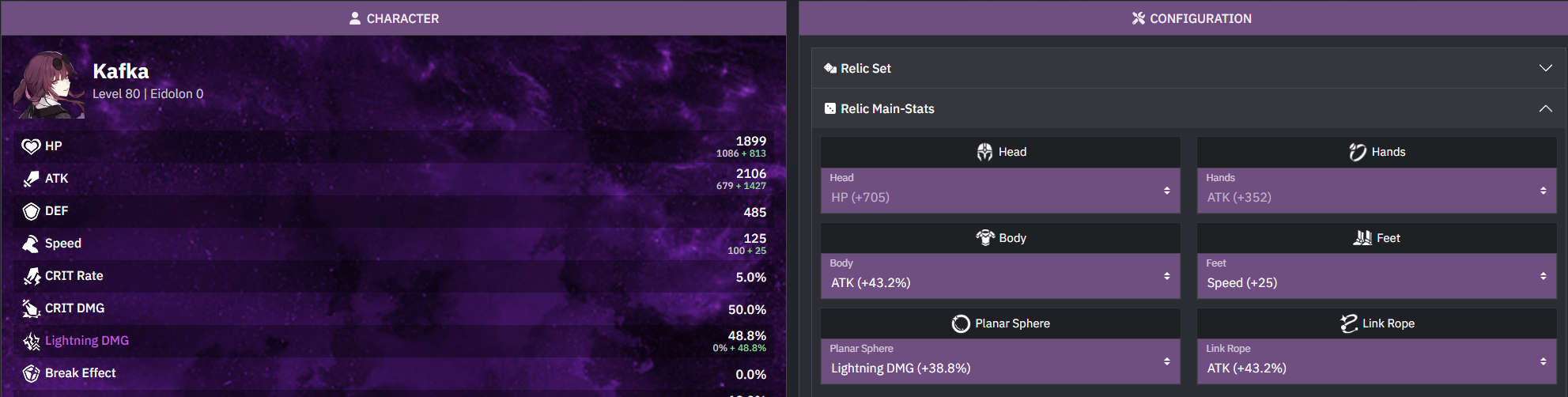 An image from Honkai Star Rail showing a level 80 Kafka and all of her stats as part of a guide to the best builds for her. This one specifically focuses on her relic stats.
