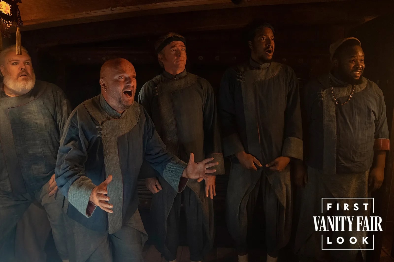 The Revenge's crew looks surprised at something off screen in Our Flag Means Death Season 2.