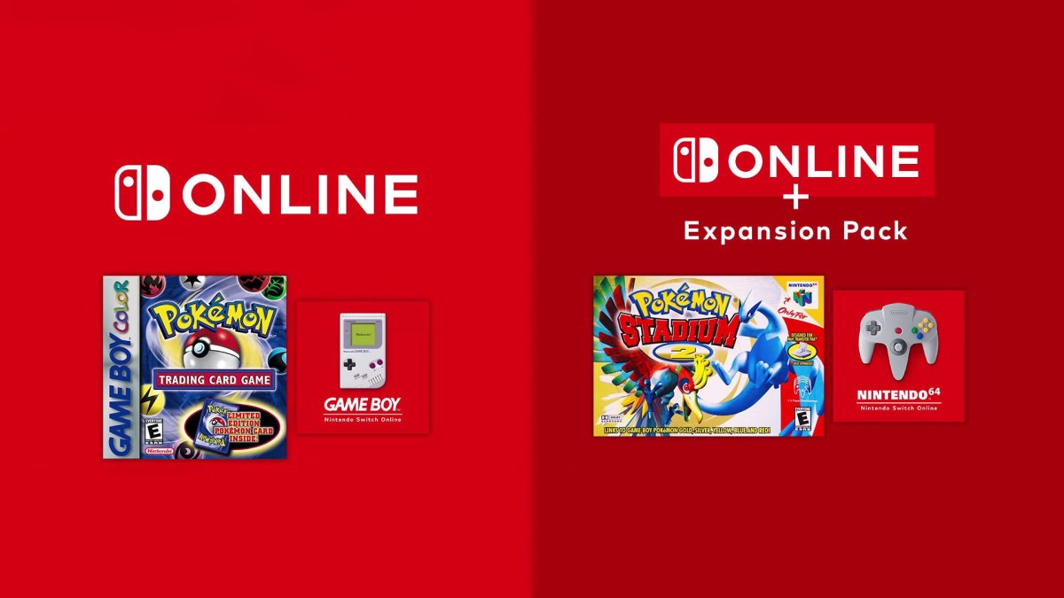Graphic from Pokemon Presents revealing the inclusion of the Pokemon Trading Card Game and Pokemon Stadium on Nintendo Switch Online