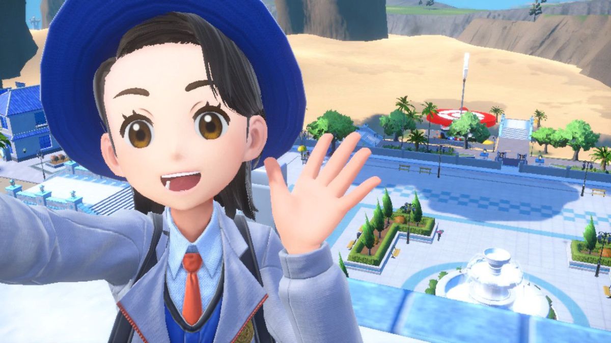 Character from Pokemon Violet waves to camera.