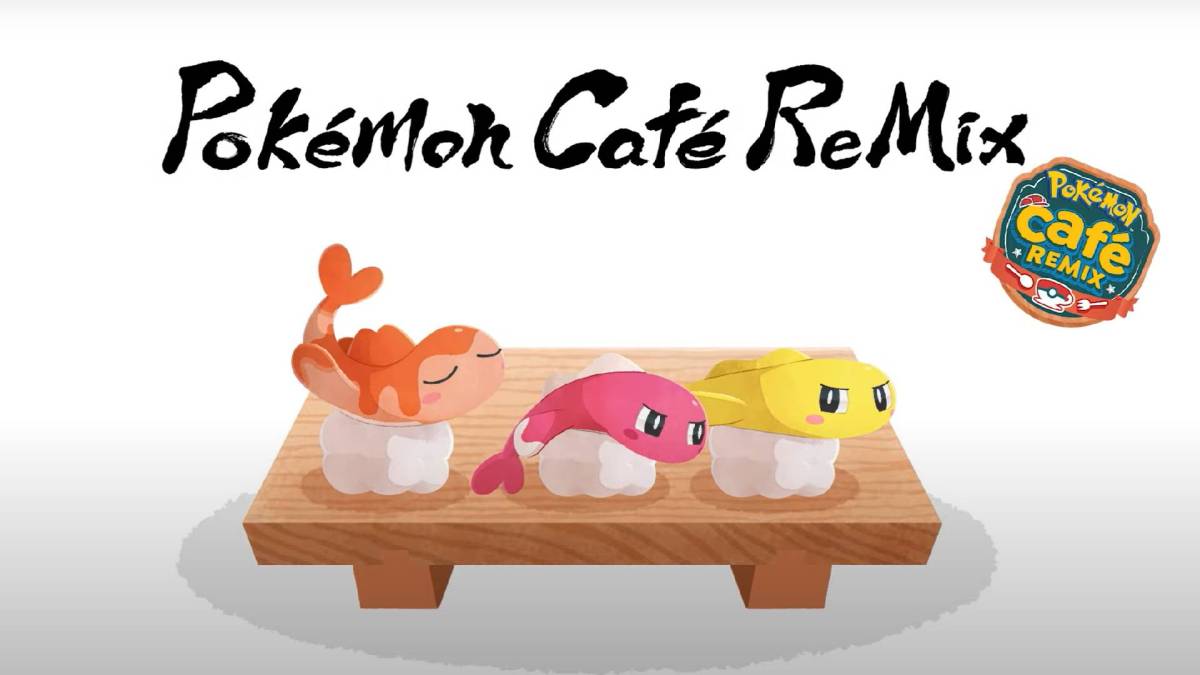 Three pieces of Pokemon-themed sushi sit on a board underneath the banner for Pokemon Cafe ReMix. 