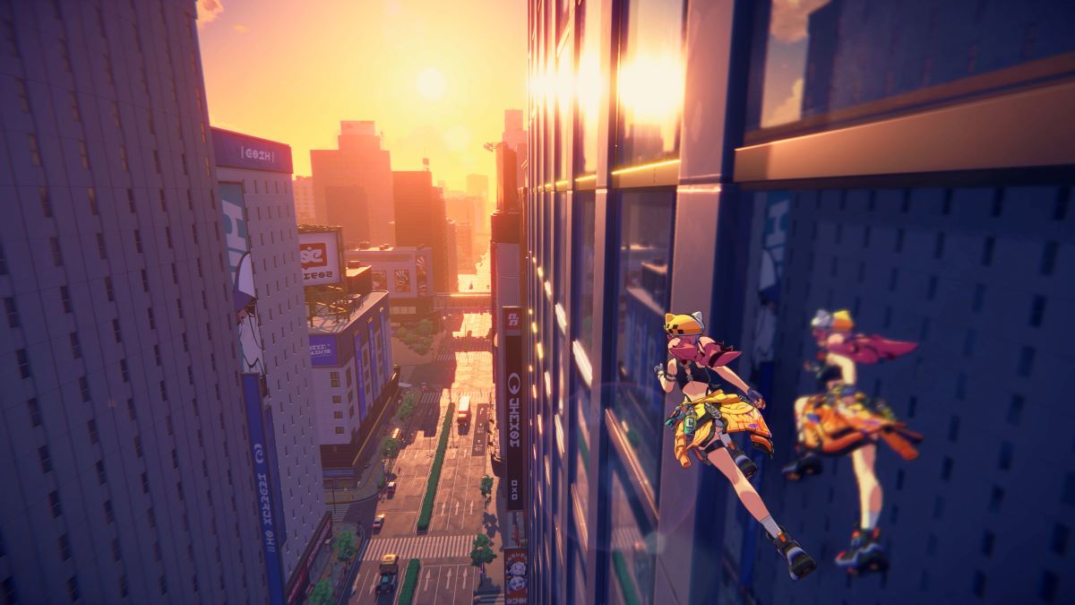A still from the Project Mugen trailer. A woman wall runs along the side of a skyscraper while the sun sets in the distance.