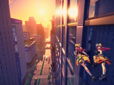 A still from the Project Mugen trailer. A woman wall runs along the side of a skyscraper while the sun sets in the distance.