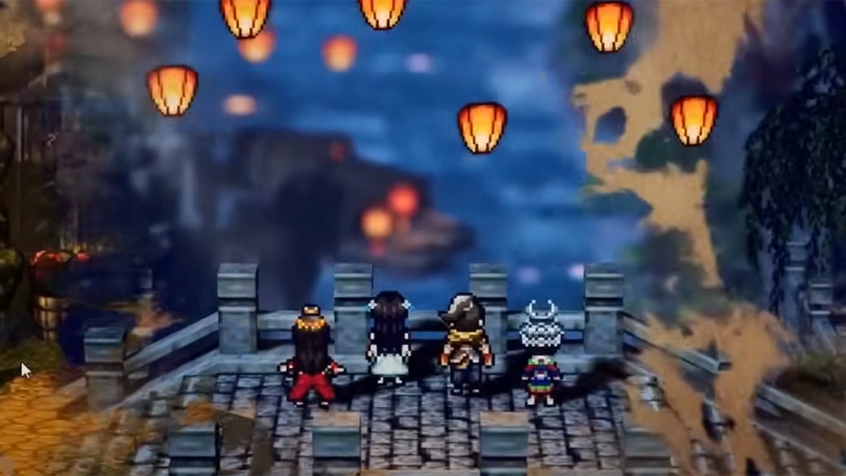 The team from Wandering Sword looks at hanging lanterns.