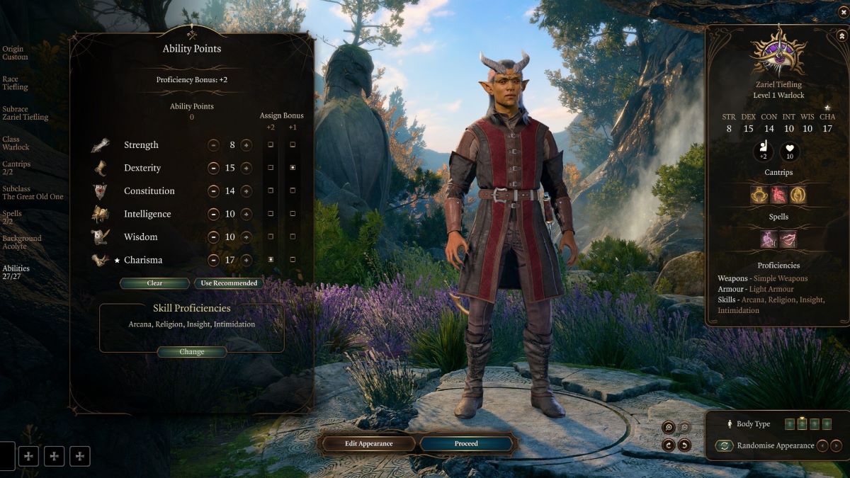 Best Races and Ability Scores for Warlock in Baldurs Gate 3 - A Zariel Tiefling being built as a Warlock in the character creation screen of Baldur's Gate III.