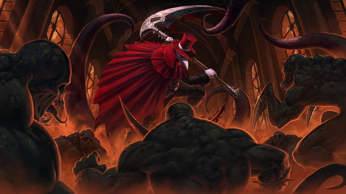 A scythe-wielding man prepares to confront monsters in Crowsworn.