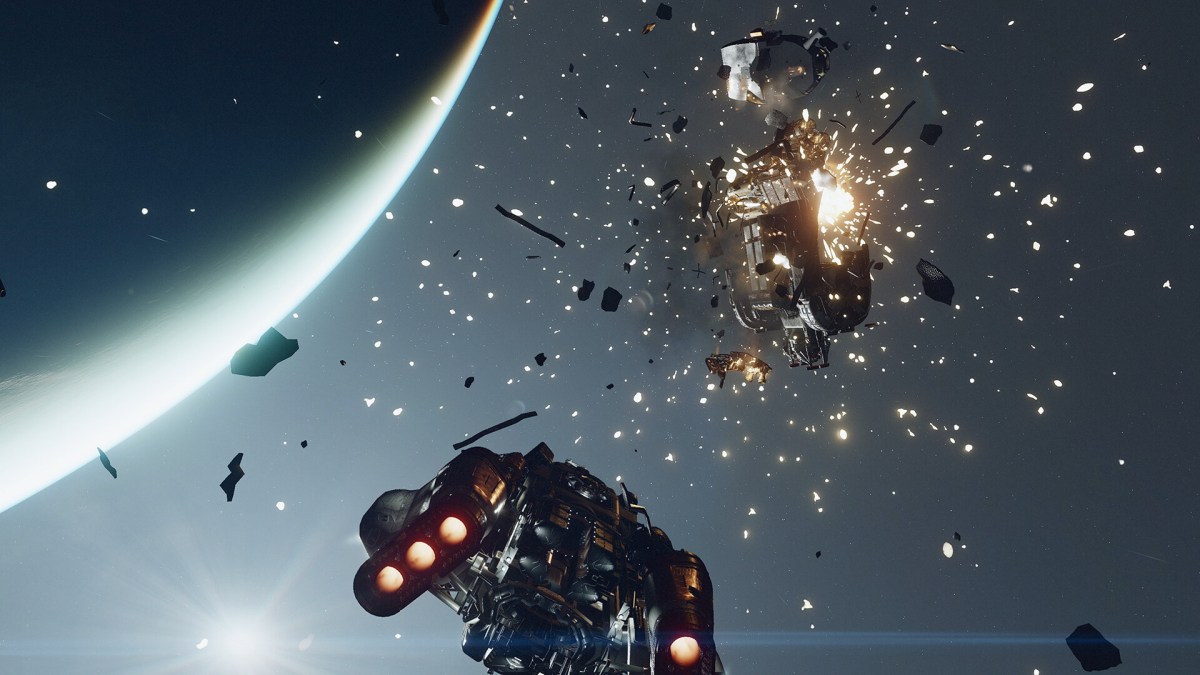 A Starfield ship is blowing up another ship. But can you steal NPC ships?