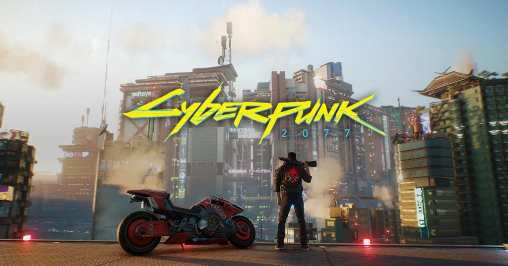 V standing by a futuristic motorcycle in Cyberpunk 2077. This image is part of an article about all the hidden trophies and achievements in Cyberpunk 2077.