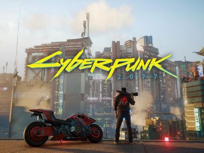 V standing by a futuristic motorcycle in Cyberpunk 2077.