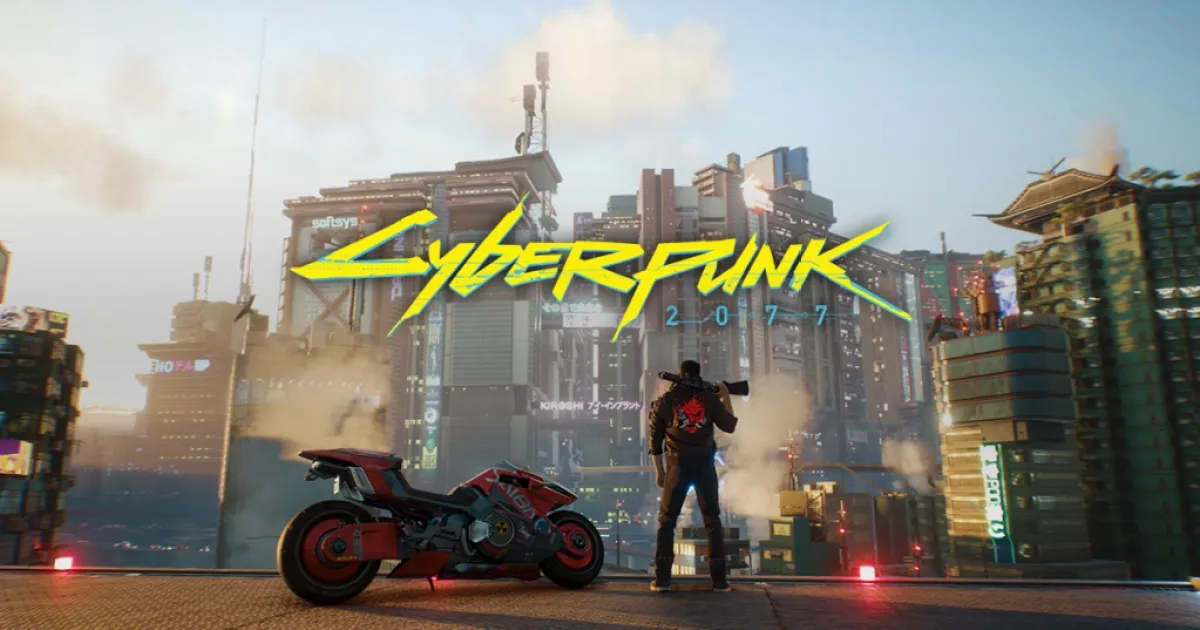 V standing by a futuristic motorcycle in Cyberpunk 2077. This image is part of an article about all the hidden trophies and achievements in Cyberpunk 2077.