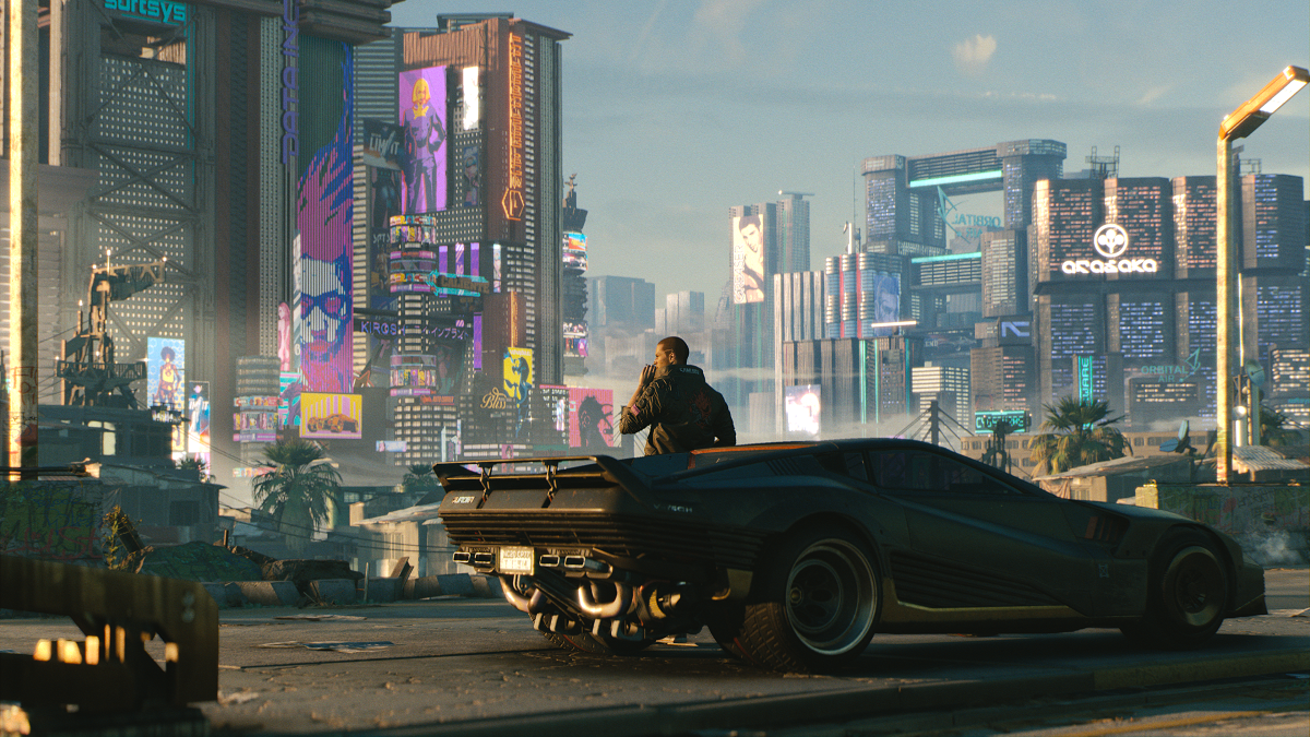 V smoking a cigarette by an all-black car in Cyberpunk 2077.