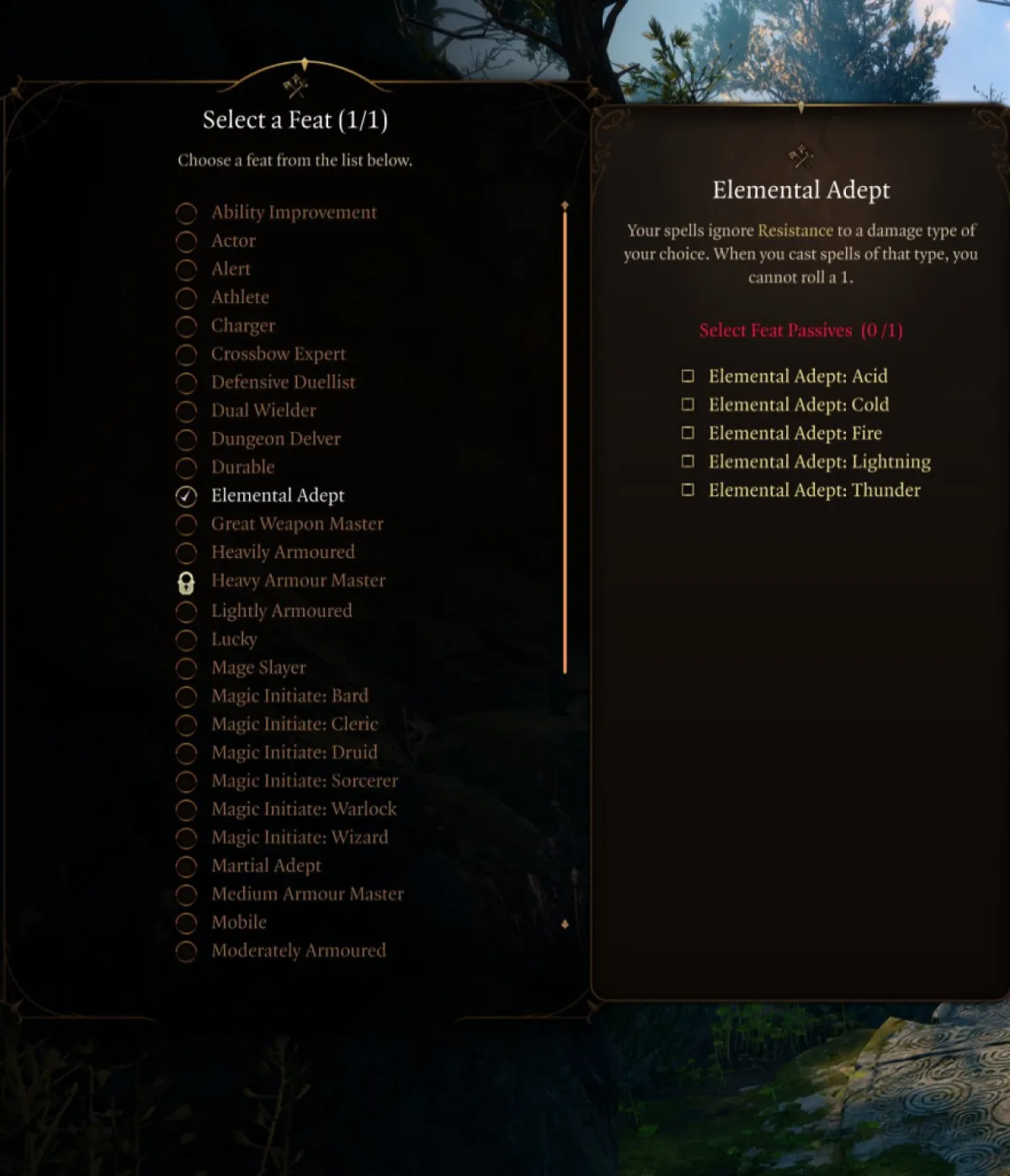 An image showing the Elemental Adept feat in Baldur's Gate 3 BG3 as part of a best builds guide for Druids.