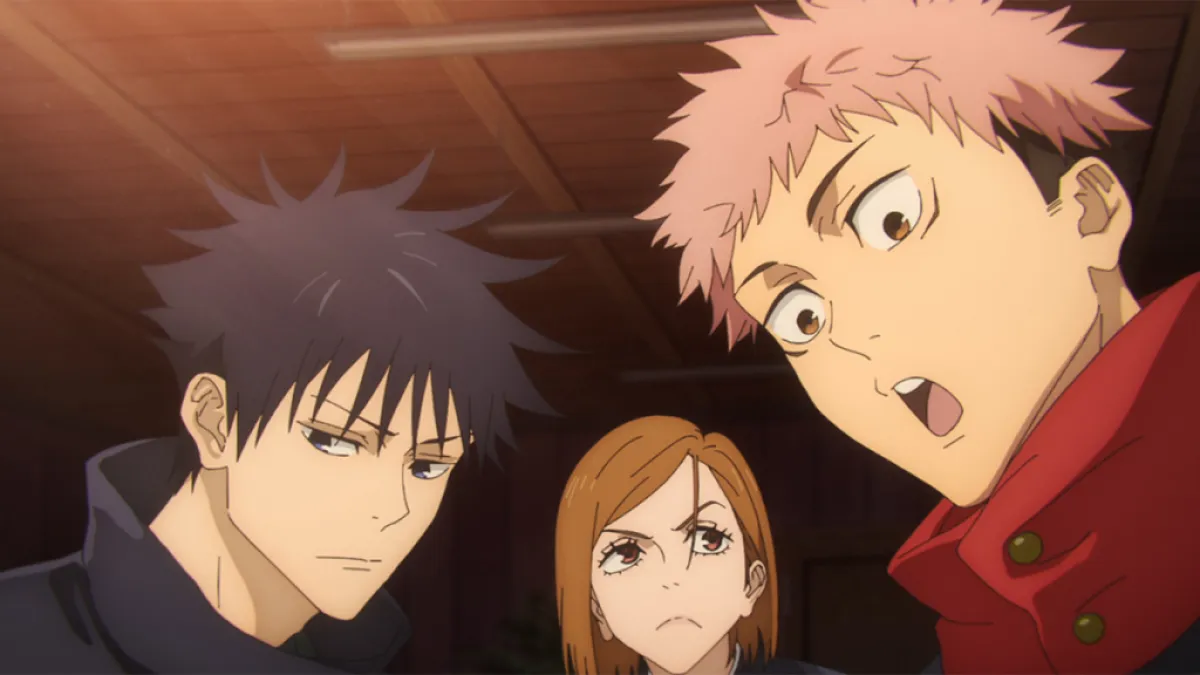 Megumi, Nobara, and Yuji are surprised. This image is part of an article about the English meaning of Jujutsu Kaisen.
