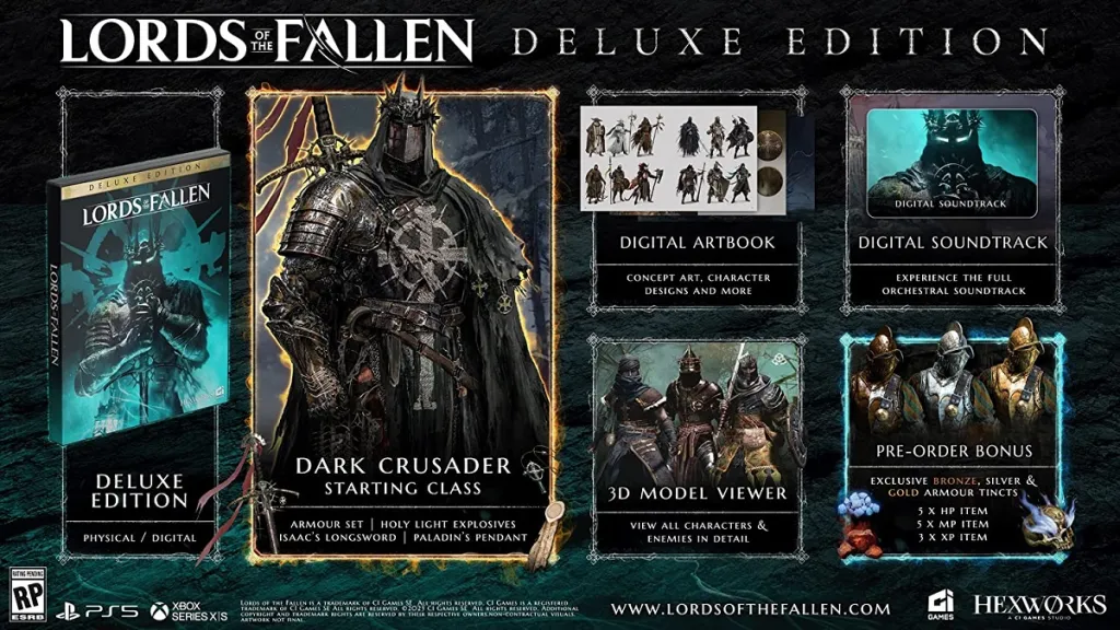 Screenshot of all the bonuses included in the Lords of the Fallen Deluxe Edition.