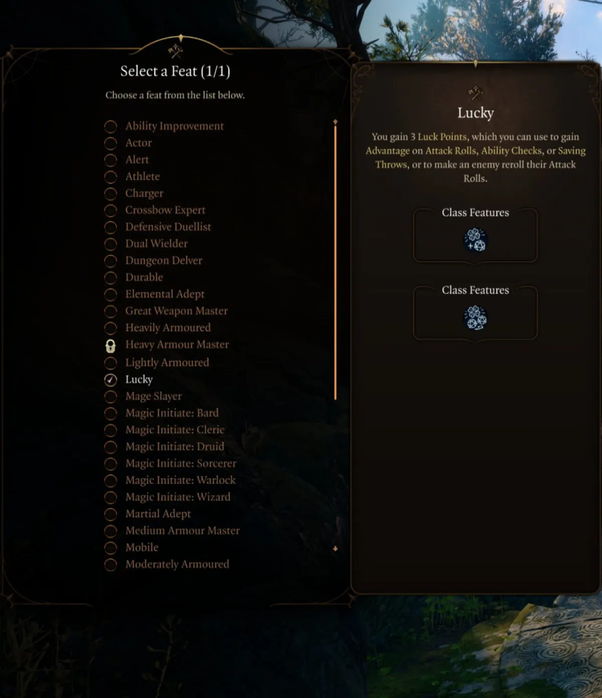 An image showing the Lucky feat in Baldur's Gate 3 BG3 as part of a best builds guide for Druids.