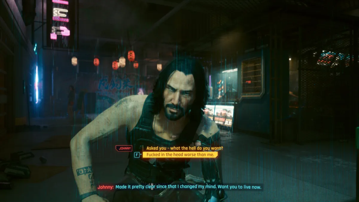 Screem Glitch Option in Cyberpunk 2077. This image is part of an article about how to reach 100% relationship with Johnny in Cyberpunk 2077.