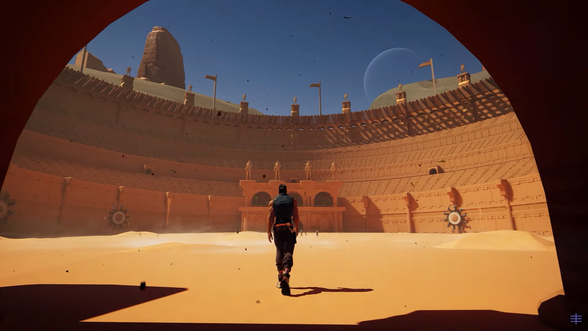 Footage from Everywhere gameplay trailer of character entering a fighting arena.