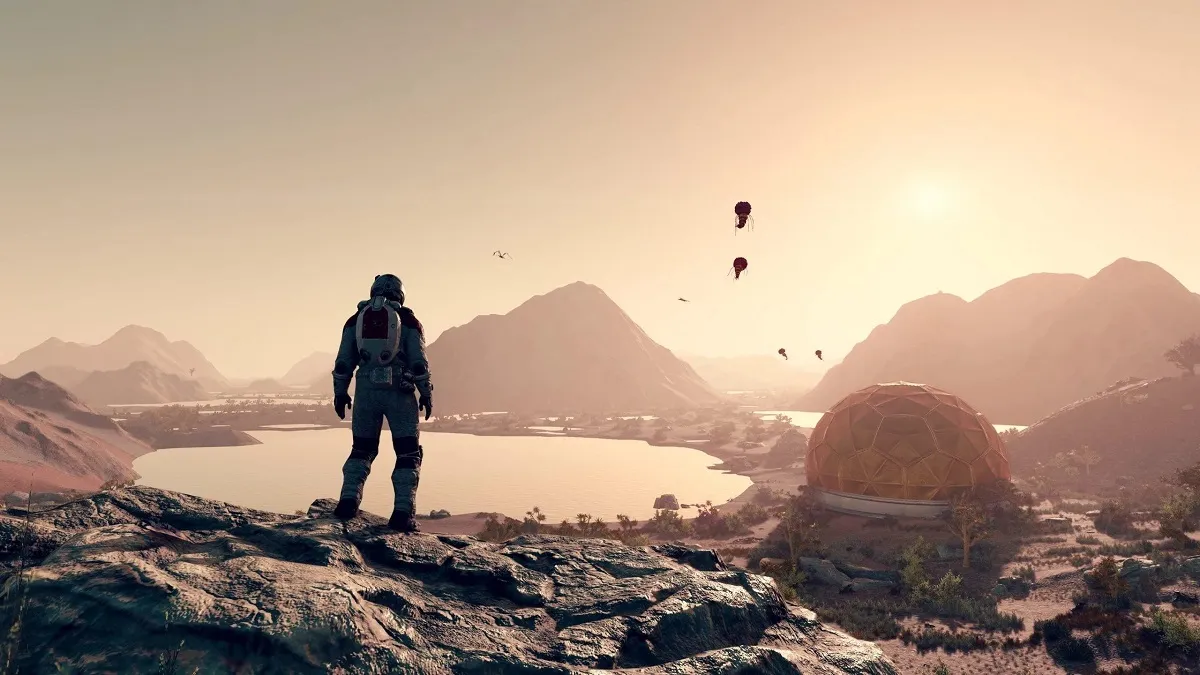 Player standing on a cliff overlooking a lake with crew members at an outpost in Starfield.