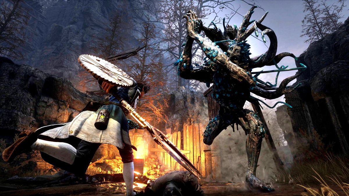 Pinocchio battling a huge monster in Lies of P