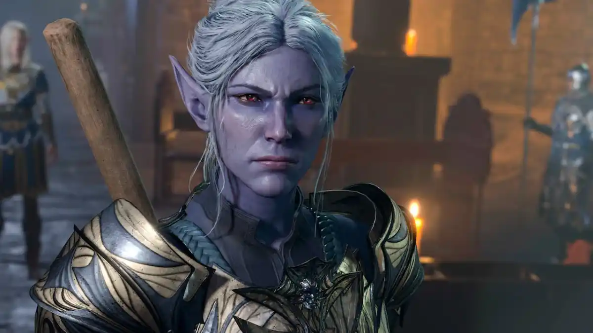 Baldur's Gate 3 NPC Minthara, a purple-skinned dark elf with a sword on her back, looking stern.