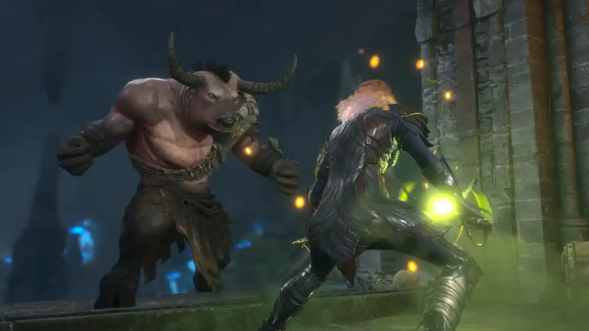 An image of a character in Baldur's Gate 3 (BG3) fighting a minotaur as part of an article on whether the game has crossplay or cross-platform support. The image shows the character charging up a spell.