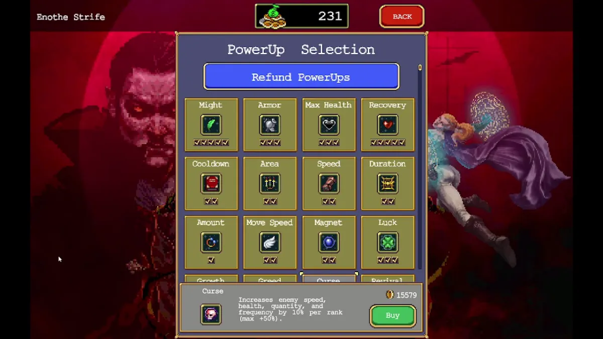 Best Vampire Survivor PowerUp order. This image shows a screenshot from Vampire Survivors of the PowerUp screen.