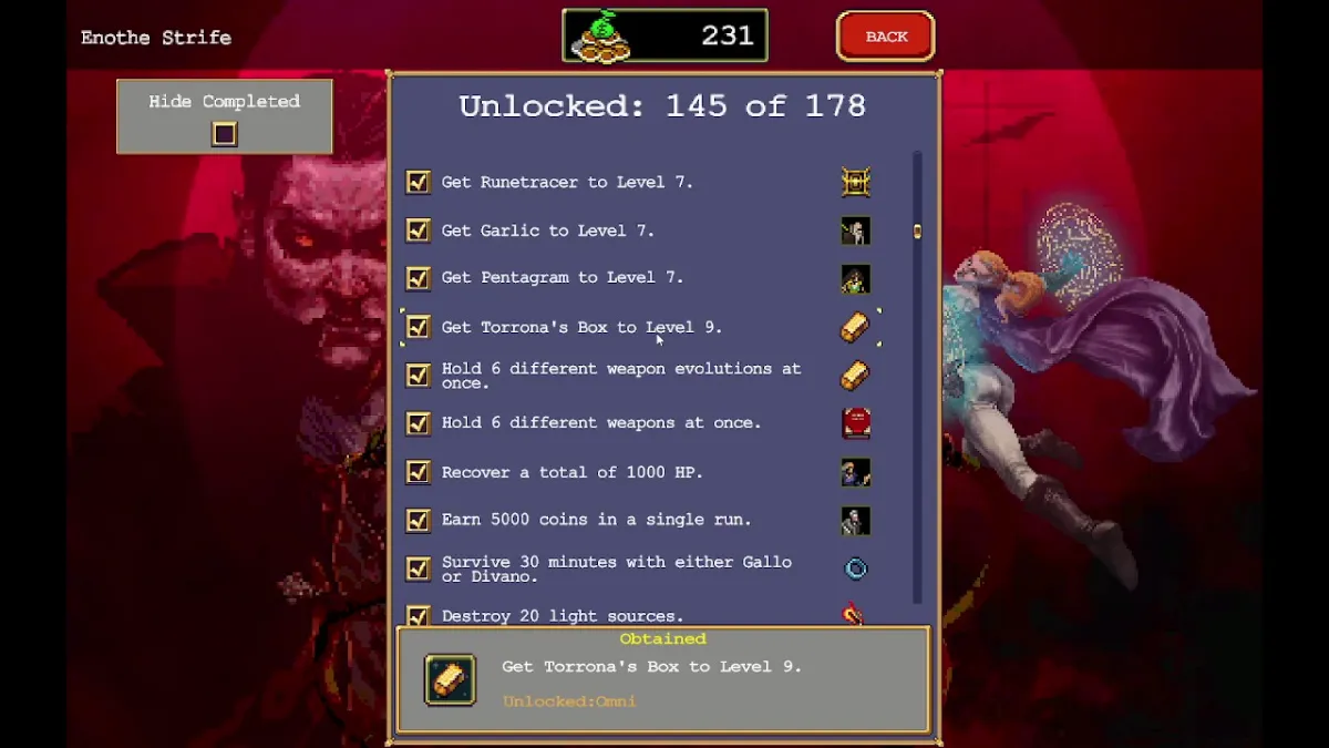 Mejor orden de PowerUp de Vampire Survivor.  Esta imagen muestra una captura de pantalla de Vampire Survivors de la pantalla de desbloqueo. 
