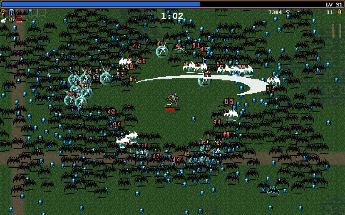 Best Vampire Survivor PowerUp order. This image shows a screenshot from Vampire Survivors of a character fighting bats.