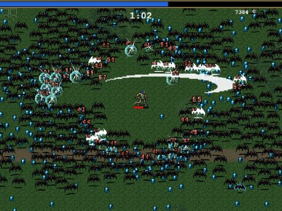 Best Vampire Survivor PowerUp order. This image shows a screenshot from Vampire Survivors of a character fighting bats.