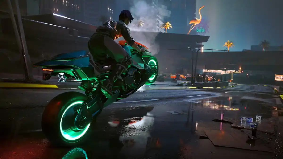 Cyberpunk 2077 - a player on a glowing bike. Here are the patch notes for update 2.0.