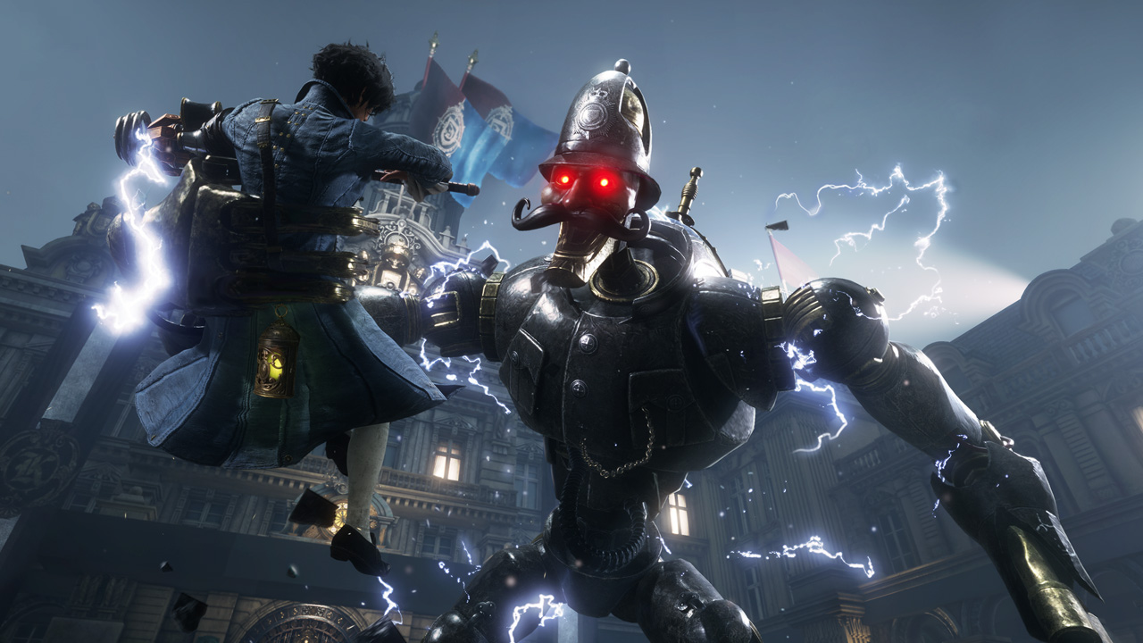 Lies of P's Scrapped Watchman holding P.