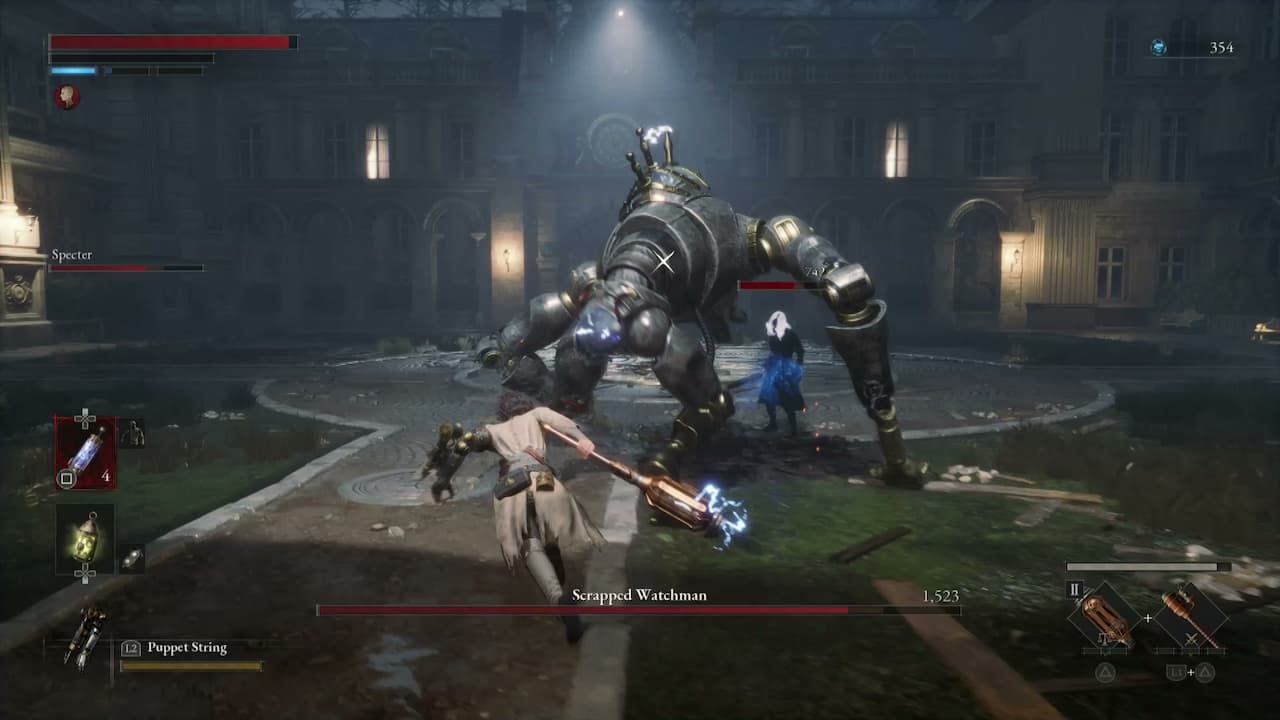 Lies of P, the player and a Spectre fighting the Scrapped Watchman