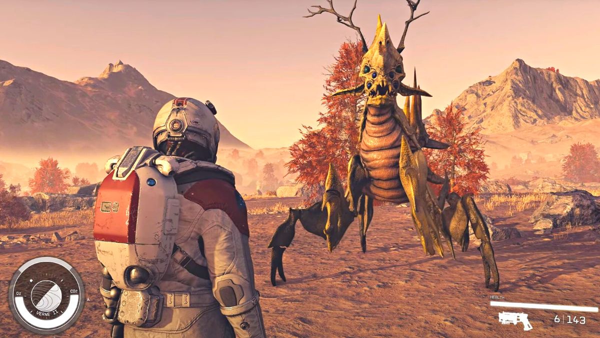 Should you choose Raised Universal or Raised Enlightened in Starfield? A player staring down a praying mantis-like alien in Starfield