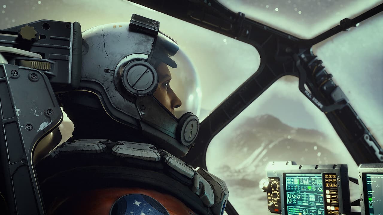 A pilot's cockpit in Starfield.