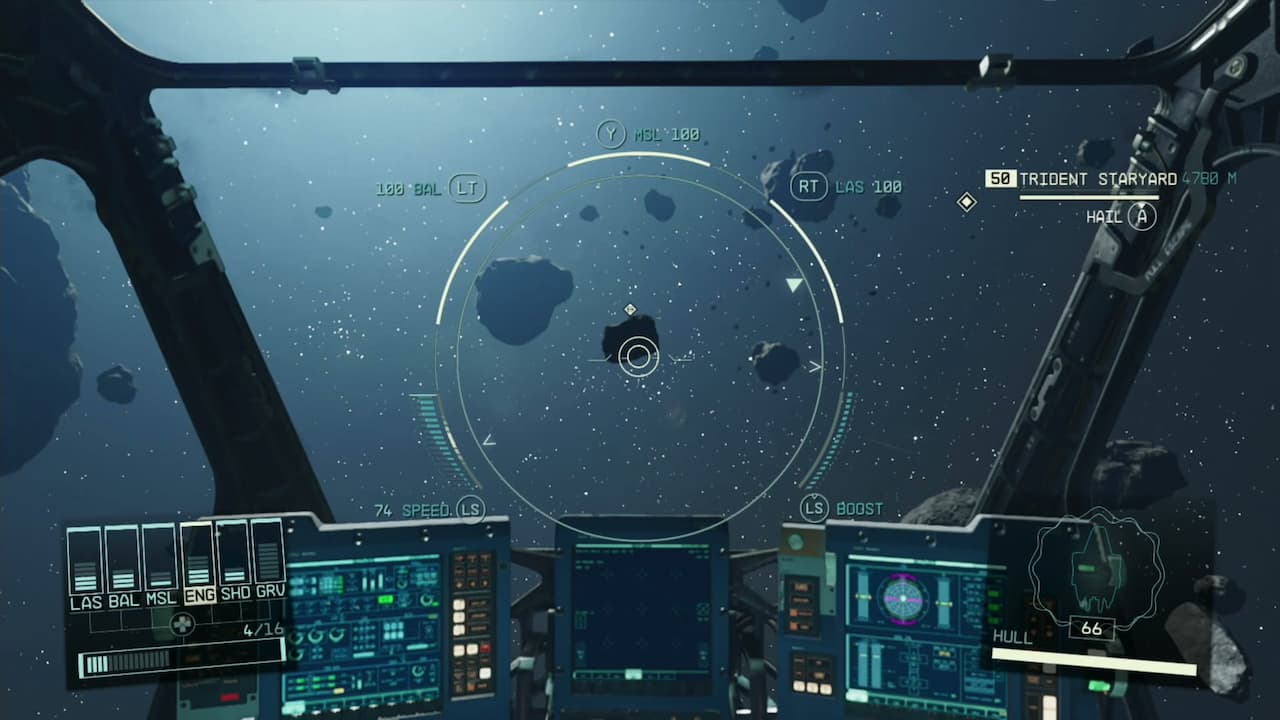 Collectiong a chunk of a mined asteroid in Starfield. 