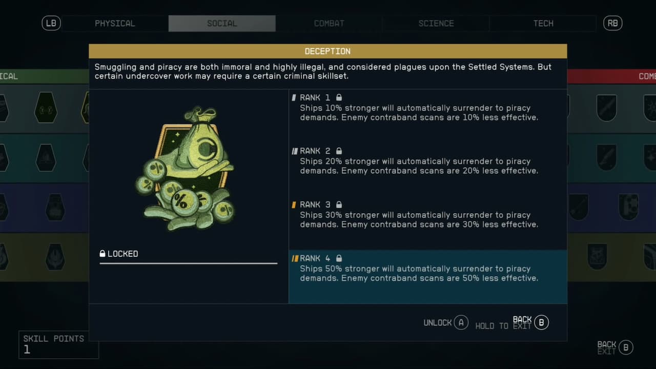 Starfield's Deception skill tree. Here's how to smuggle contraband in Starfield. 