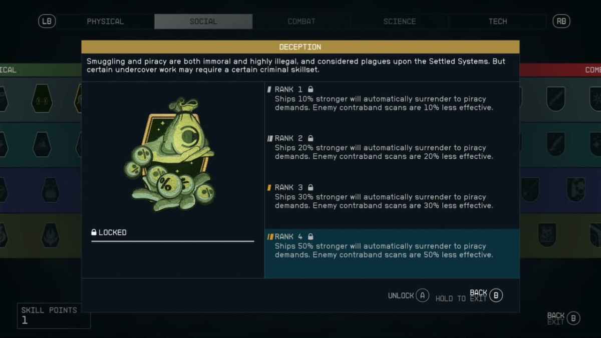 Starfield's Deception skill tree. Here's how to smuggle contraband in Starfield. 