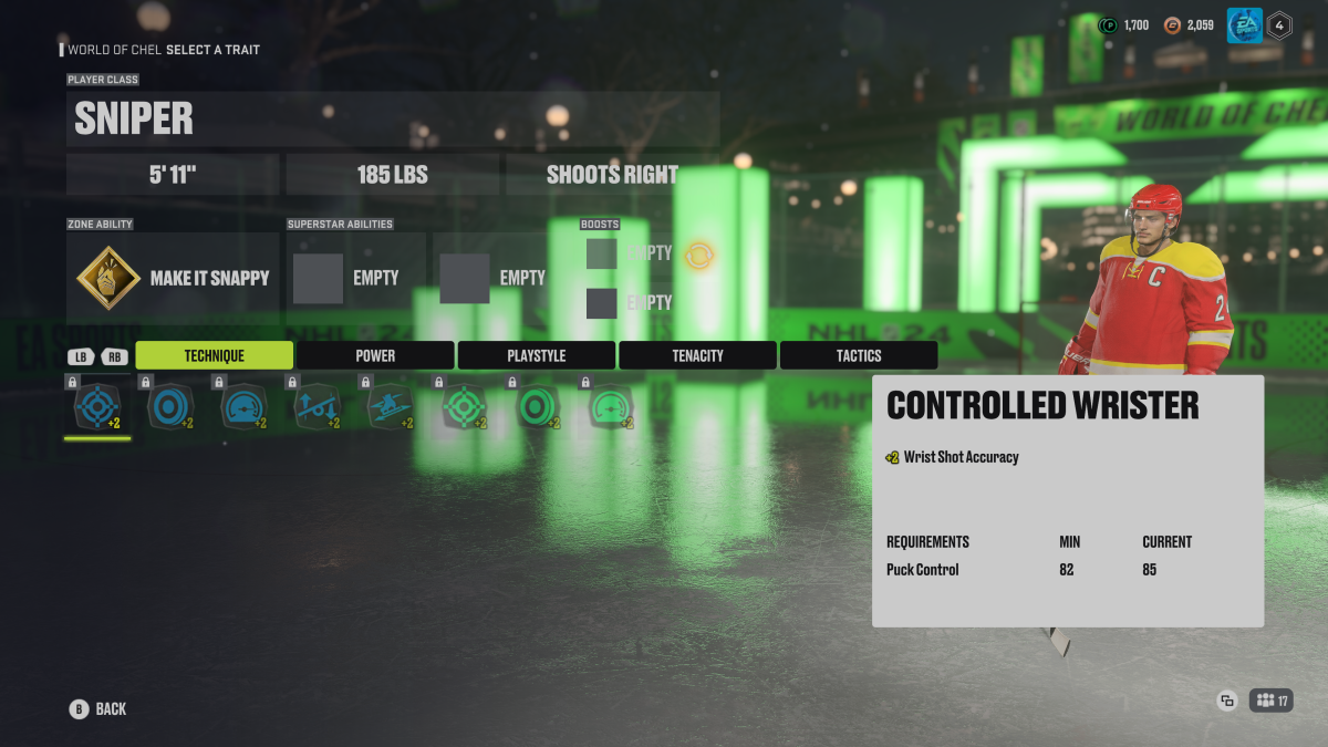 An image showing the best Center Boosts for the Sniper archetype in NHL 24.