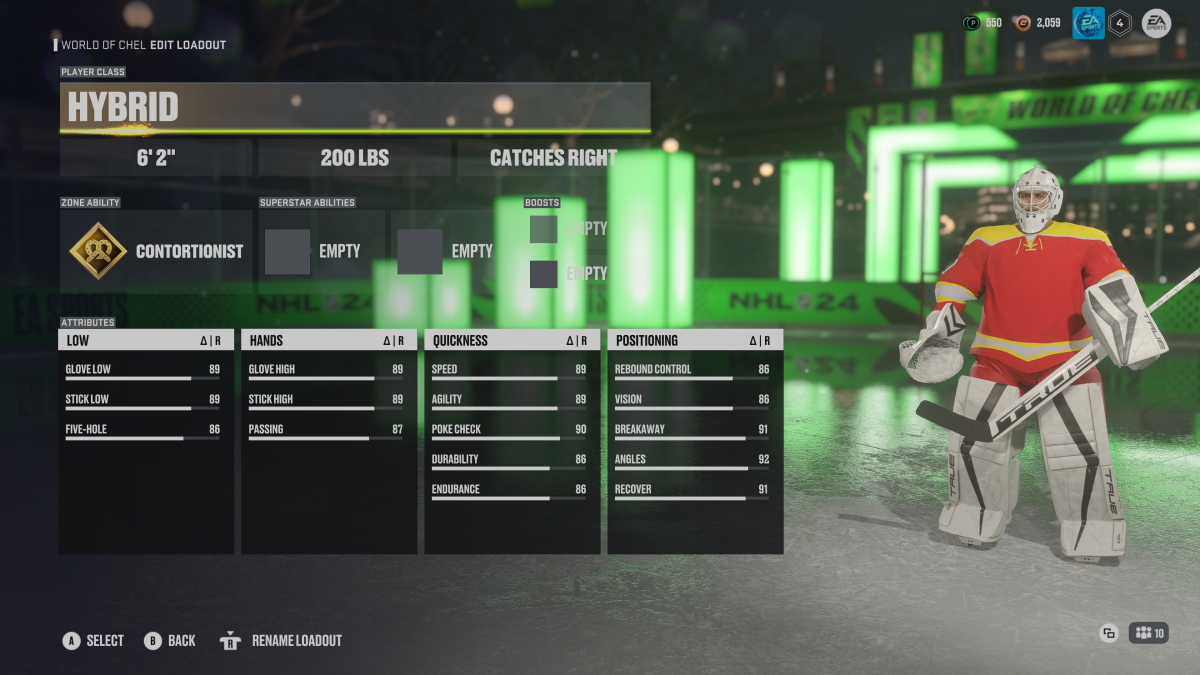 An image from NHL 24 as part of the article for the best build for a goalie showing attributes.
