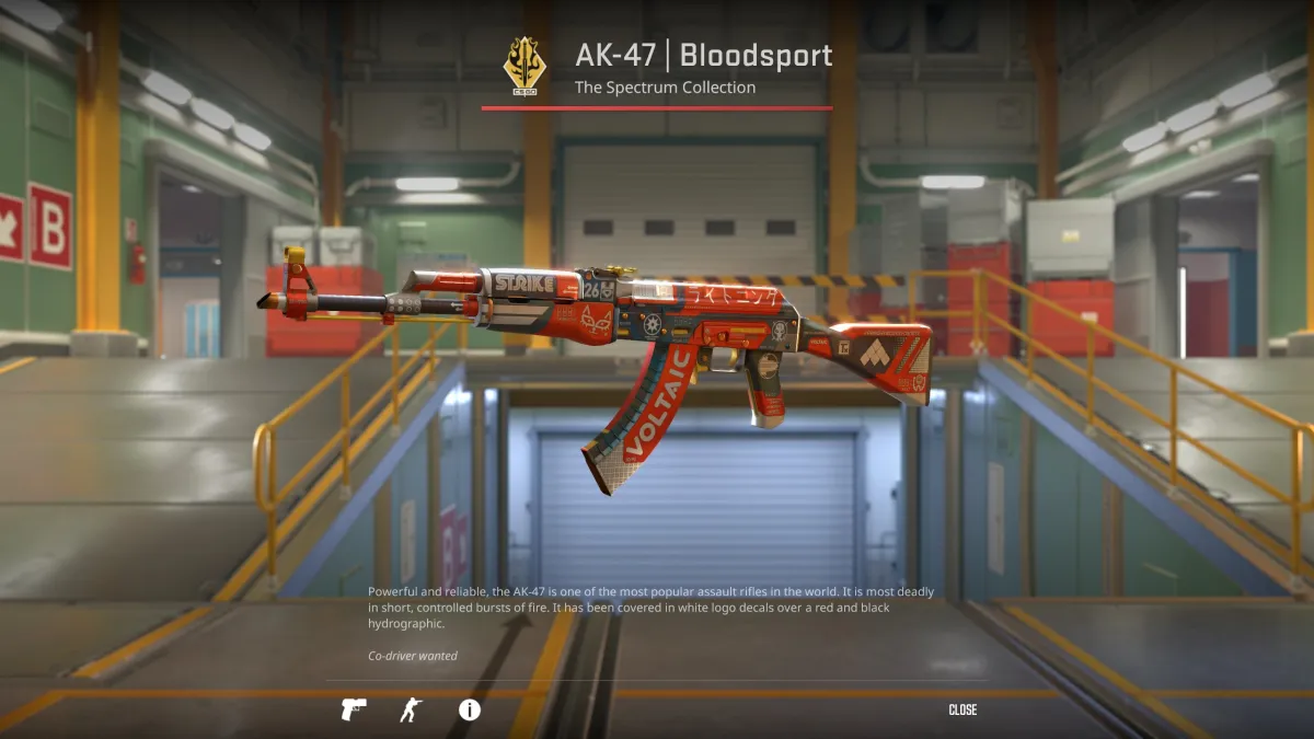 Изображение скина AK-47 Bloodsport в Counter-Strike 2 (CS2) как часть списка скинов для оружия.