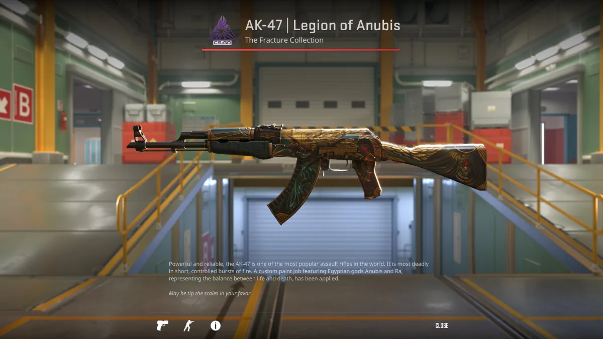 Изображение скина AK-47 «Легион Анубиса» в Counter-Strike 2 (CS2) как часть списка скинов для оружия.