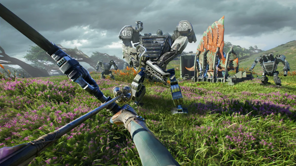 Image from Avatar: Frontiers of Pandora as part of a preview of the upcoming Ubisoft game. The image shows the player firing an arrow at a mech.