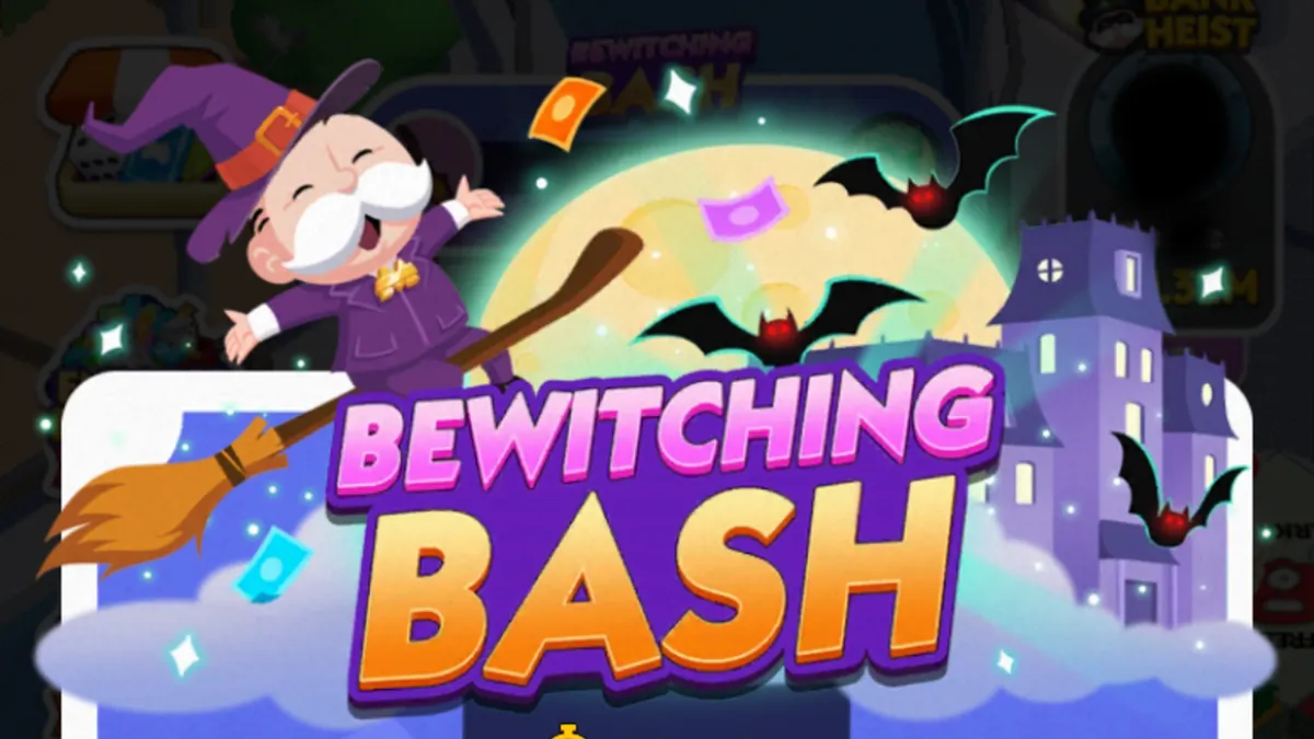 A header sized image for Monopoly GO showing Rich Uncle Pennybags dressed up like a witch and riding a broomstick over the logo for the "Bewitching Bash" event.