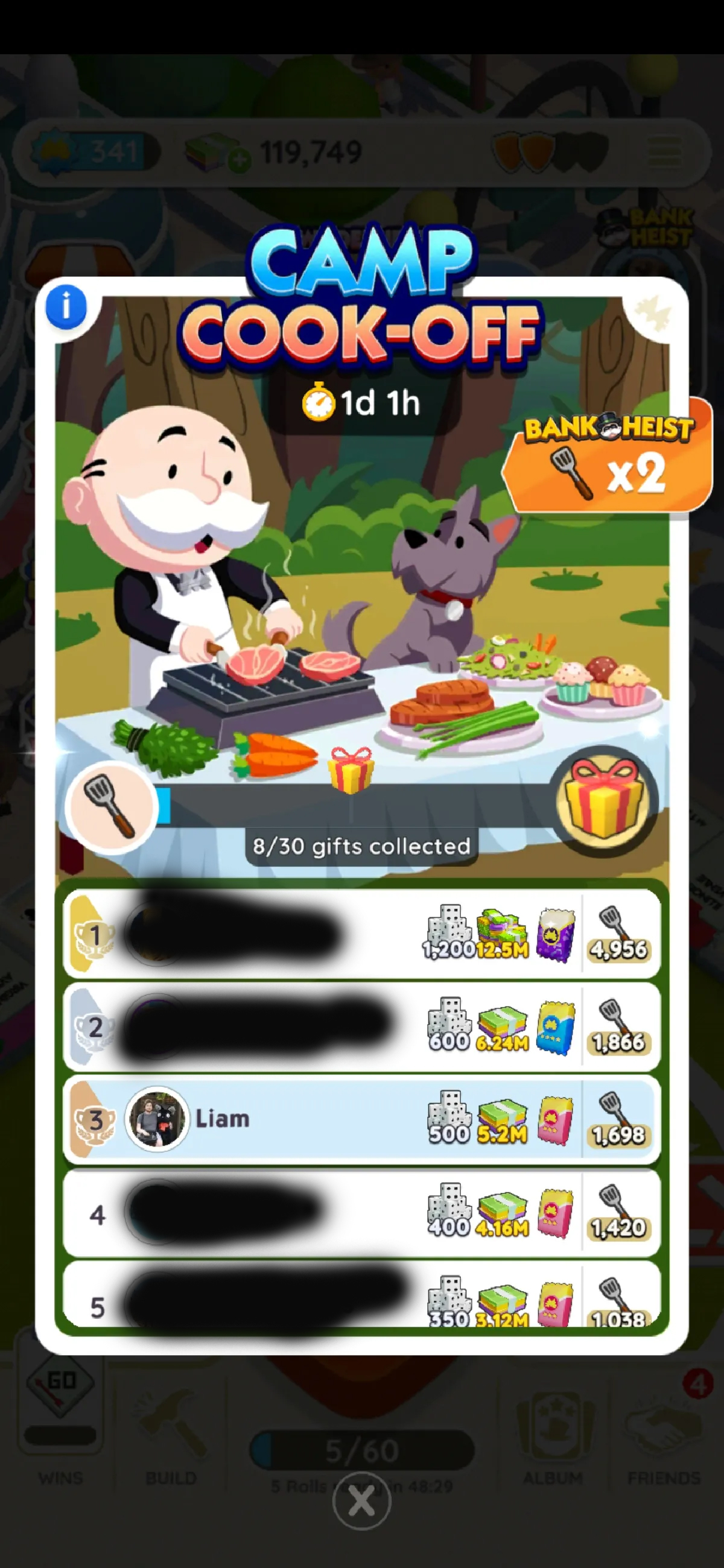Screenshot showing the Camp Cook-Off screen for Monopoly GO as part of an article on the event's rewards and how to get them.