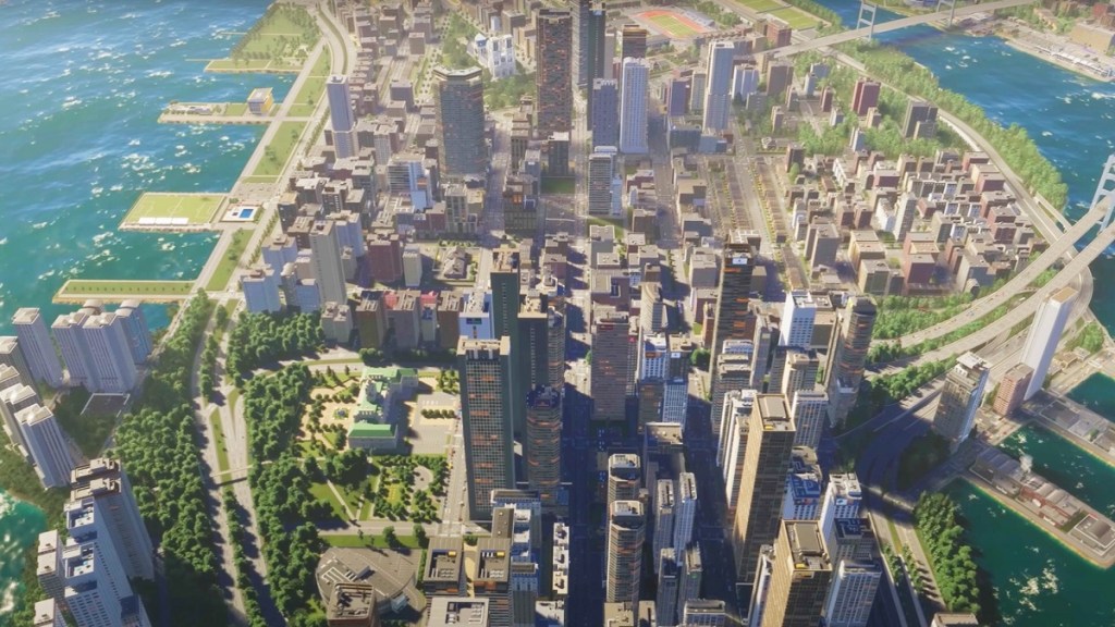 Image of virtual metropolis at day time in Cities: Skylines 2 as part of an article on how to rotate buildings in the game.