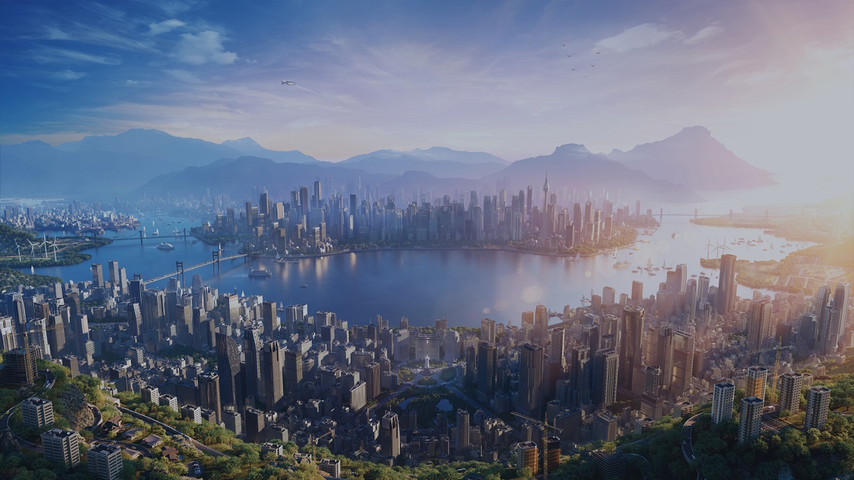 Image of a virtual city in promo art for Cities: Skylines 2.