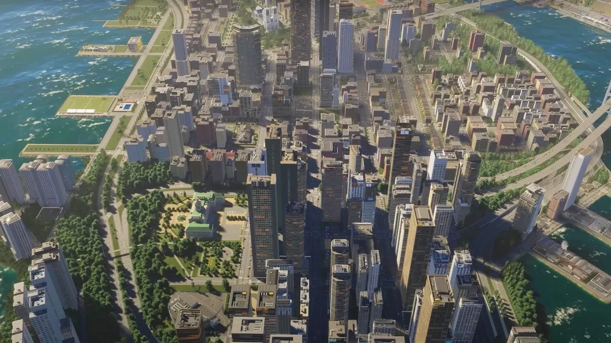 An image from Cities: Skylines 2 in an article about the game's release date on PC and consoles, and all the pre-order bonuses.