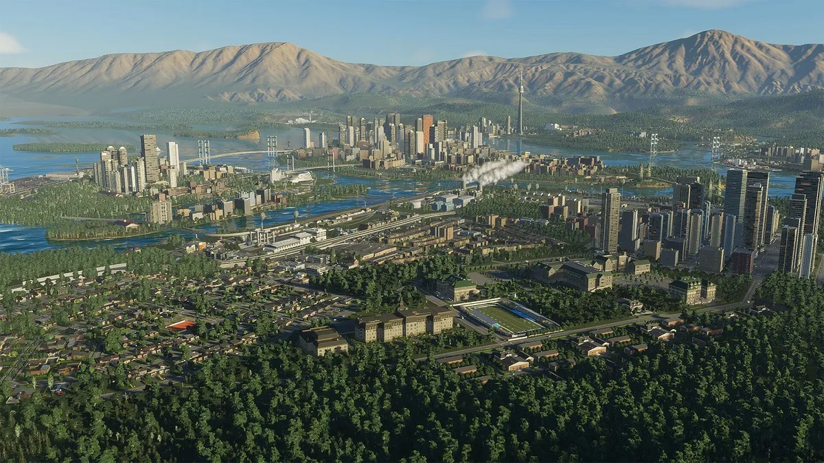 Wide screenshot of virtual city in Cities: Skylines 2.