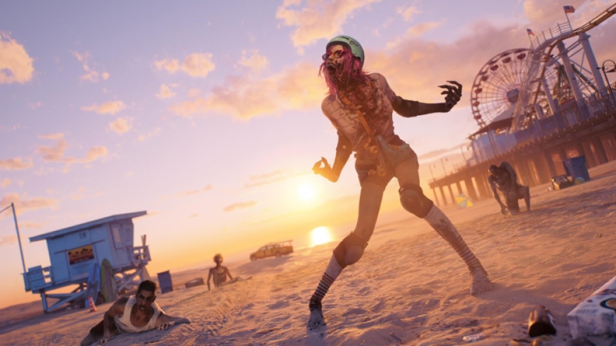 In image from Dead Island 2 showing a zombie on the beach.